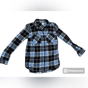 Divided H&M Womens‎ Flannel Shirt 100% Cotton Button Up Plaid Pocket Blue Size 2